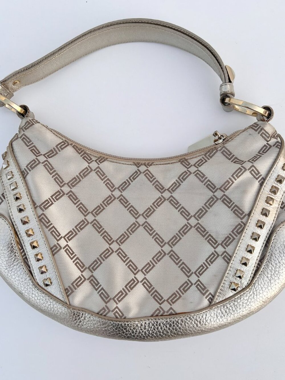 VERSACE Silver Metallic Leather Jacquard Medusa Studded Hobo Shoulder Bag - Picture 5 of 14